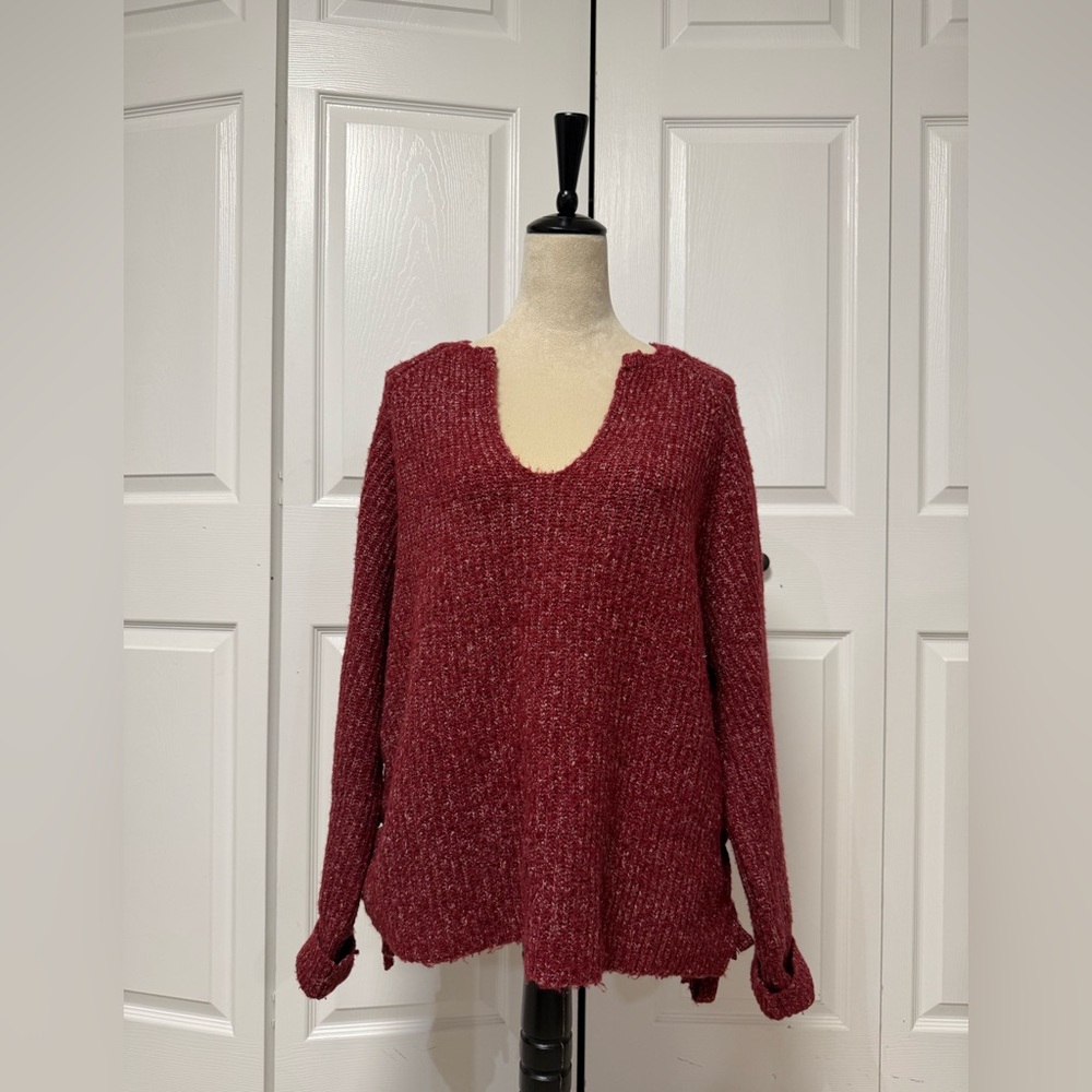 Anthropologie John + Jenn Red Marled Knit V-Neck Sweater Lace Up Sides XL
